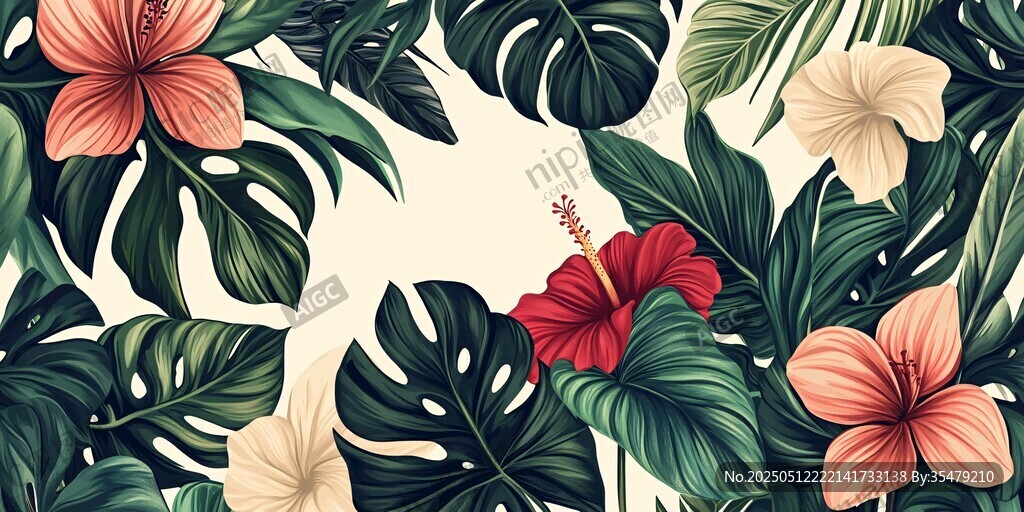 熱帶花卉與葉片裝飾圖案