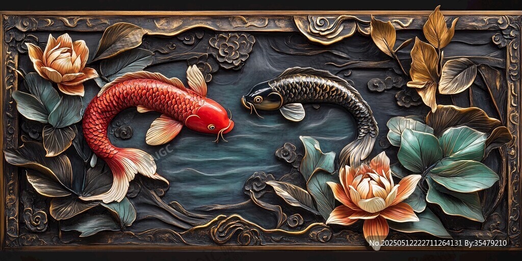 錦鯉荷花浮雕藝術裝飾圖