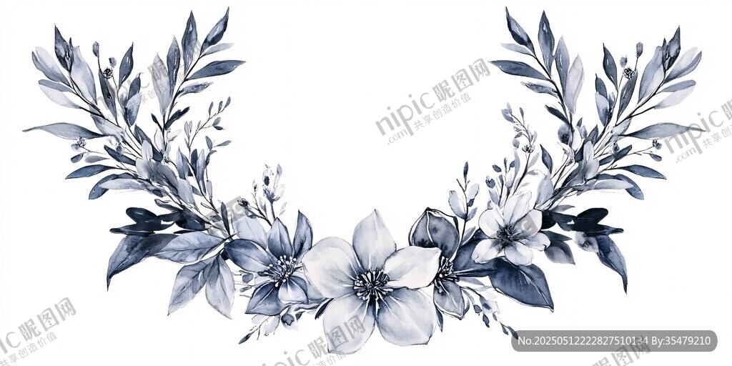 藍白色系手繪花卉花環(huán)