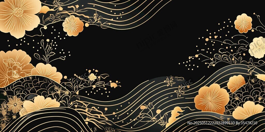 黑金中式花卉波浪紋背景