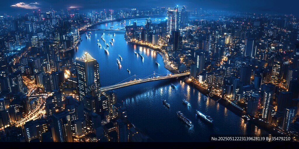 璀璨都市夜景中的橋梁與船只