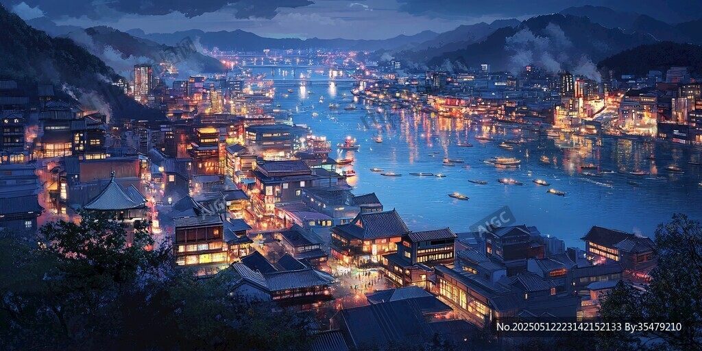 夢幻夜景中的河畔古風城鎮(zhèn)