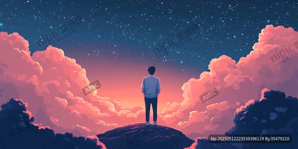 男子立于云端星空下遠眺