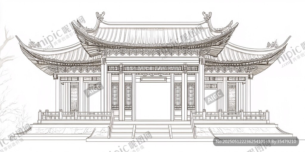 中式傳統門樓建筑線稿圖