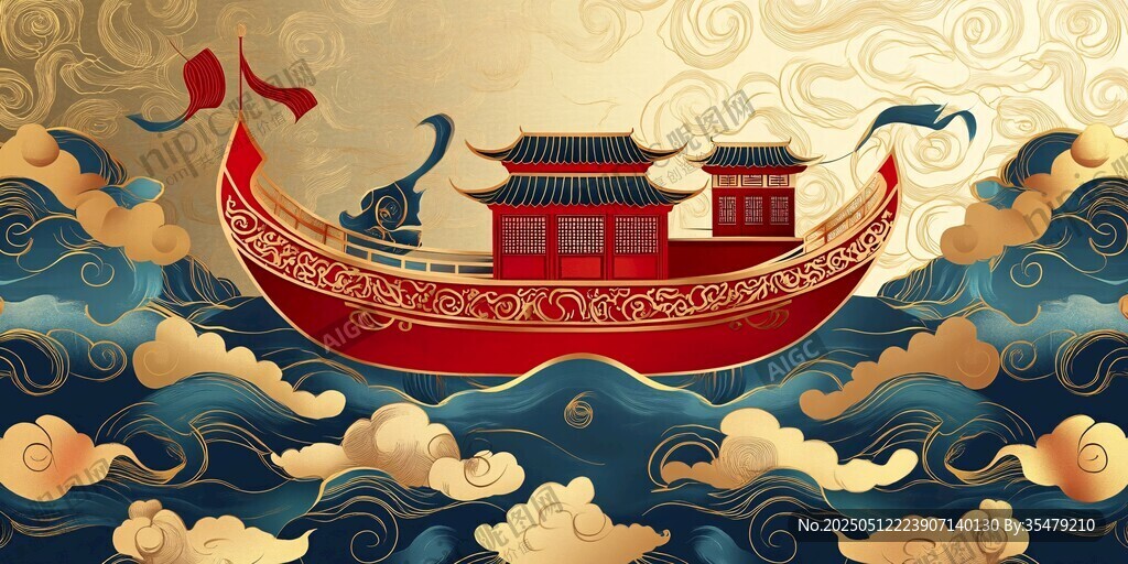 中式紅船在云海中航行