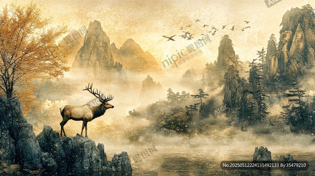 山林麋鹿圖 飛鳥共舞景