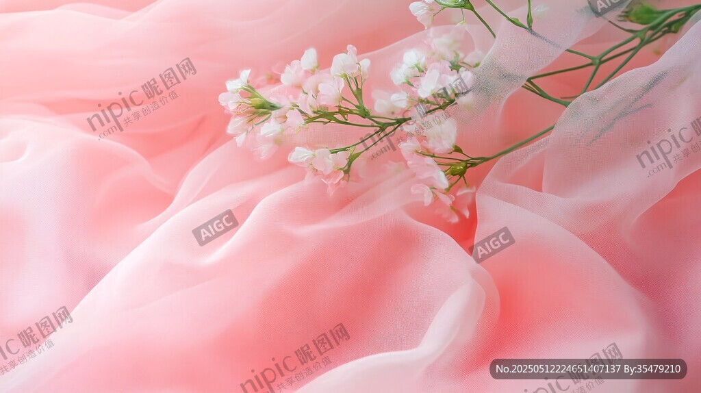 粉色綢布上的清新小白花
