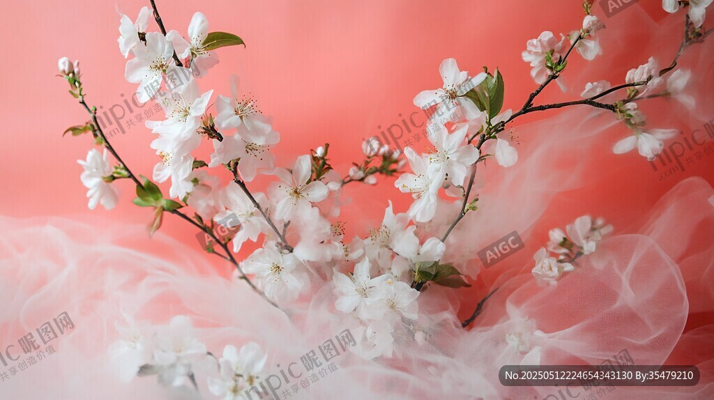 粉背景下的夢幻白色花枝