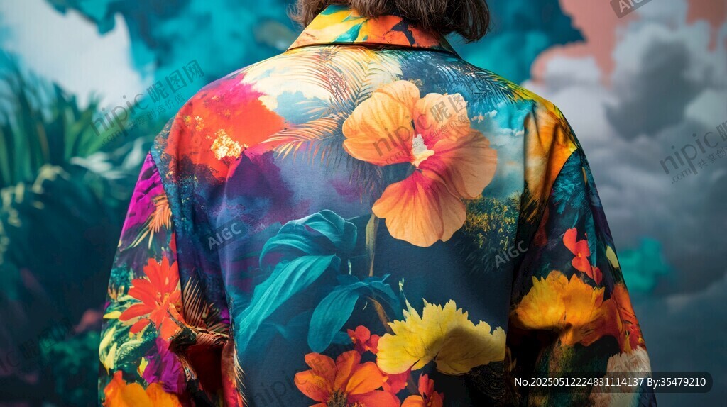 多彩花卉印花襯衫背影