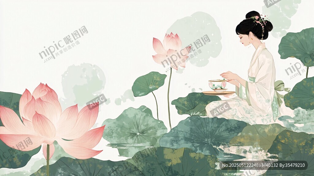 荷塘佳人品茶圖