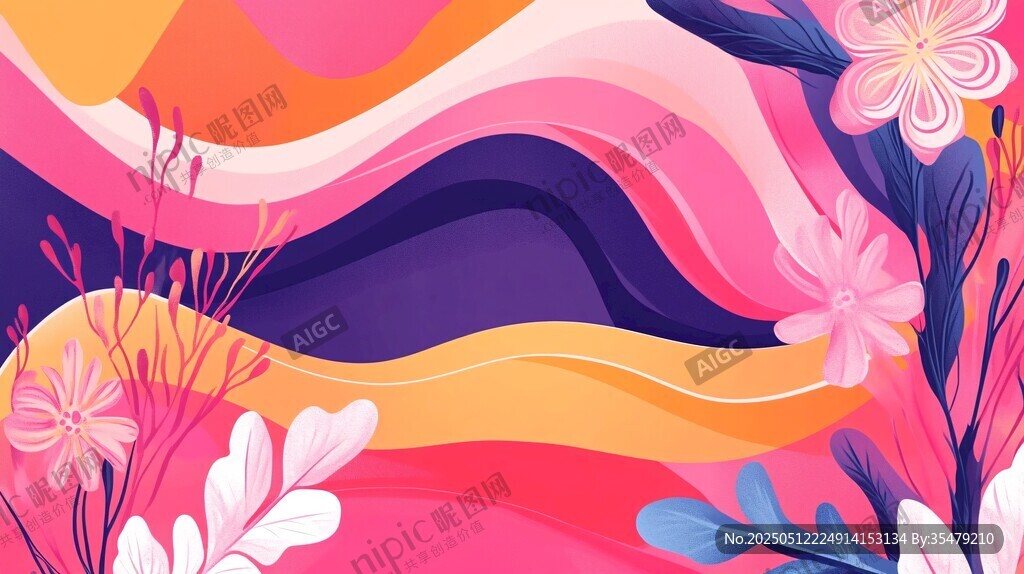 夢幻花卉波浪多彩背景圖