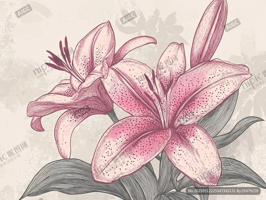 手繪粉色百合花插畫