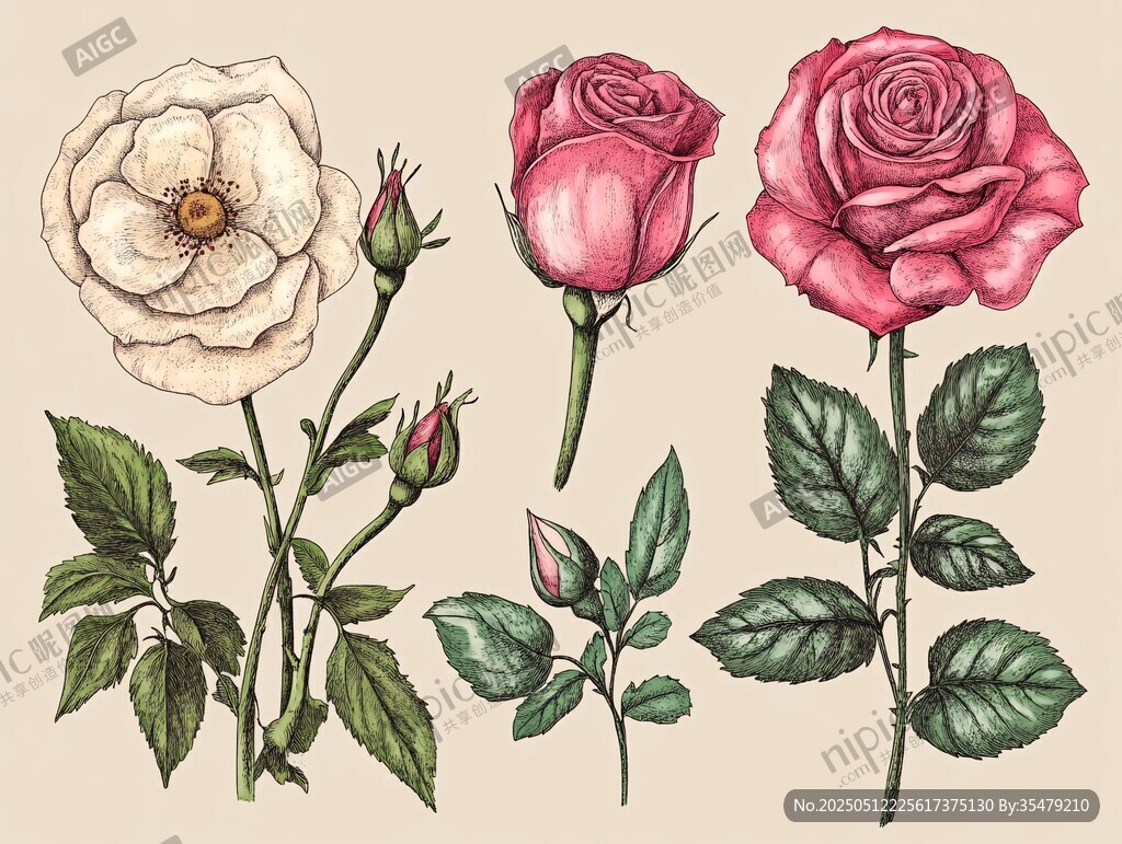 手繪三色玫瑰花插畫
