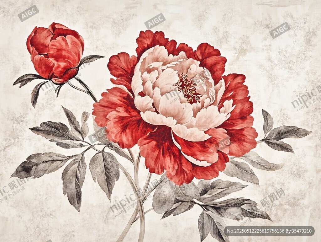 中式水墨風(fēng)綻放紅牡丹花