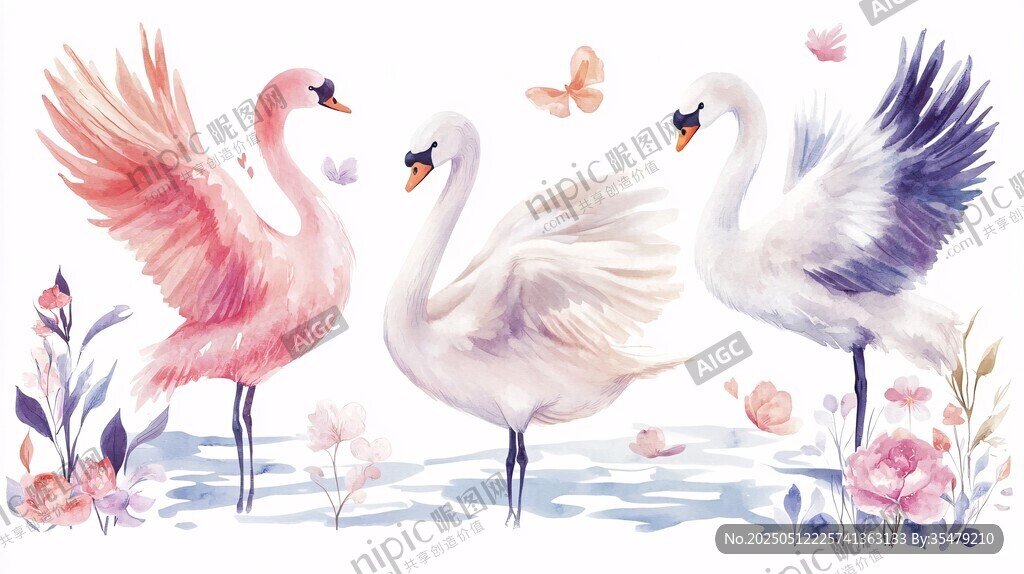 夢(mèng)幻水鳥花卉水彩插畫