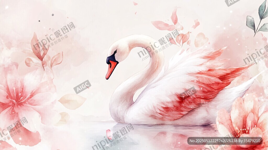 夢幻粉白天鵝與花卉美景