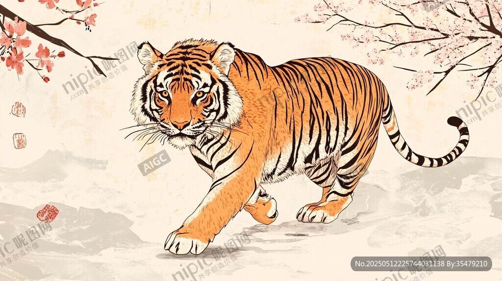 水墨猛虎行于繁花之下