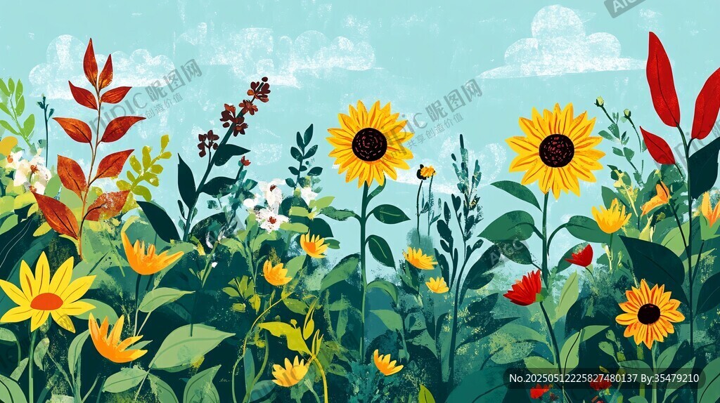 夏日絢爛花草風(fēng)景插畫