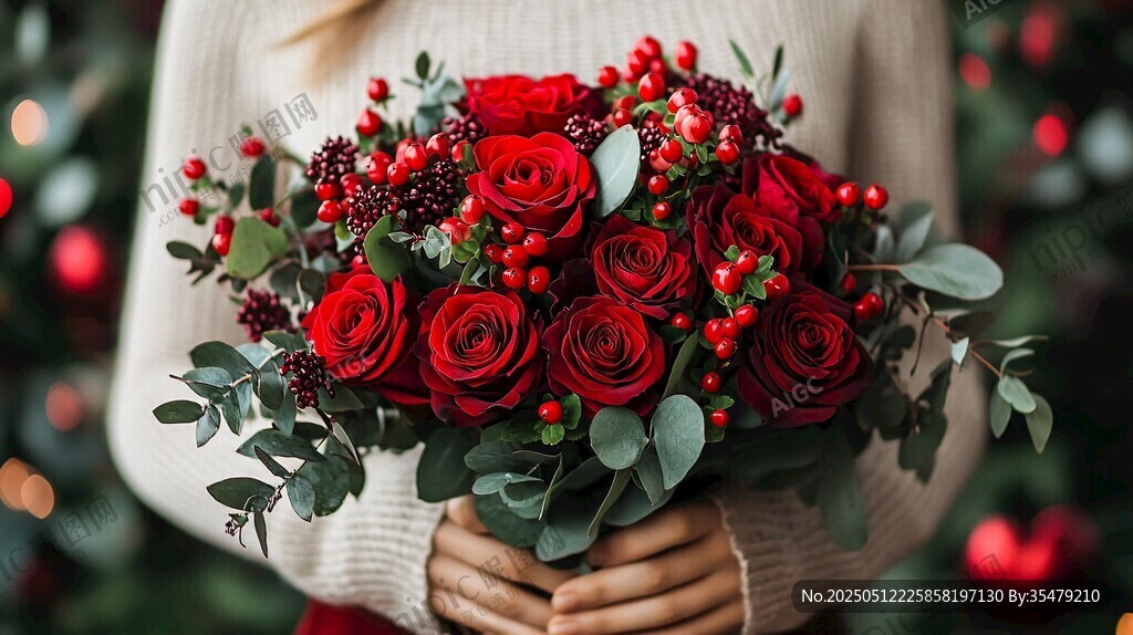 手持紅玫瑰圣誕風(fēng)花束