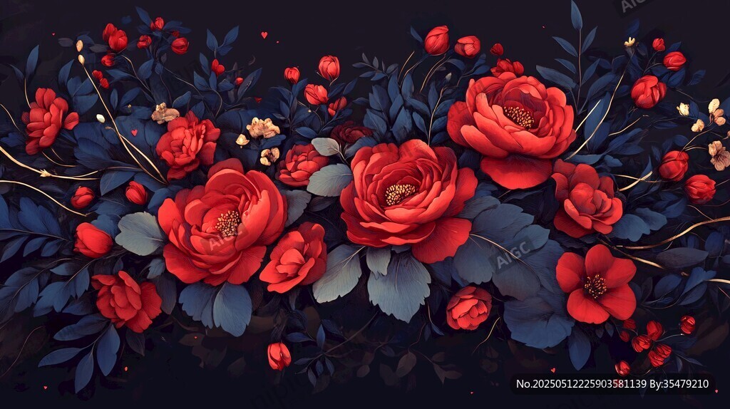 深紅花卉圖案 復古浪漫風