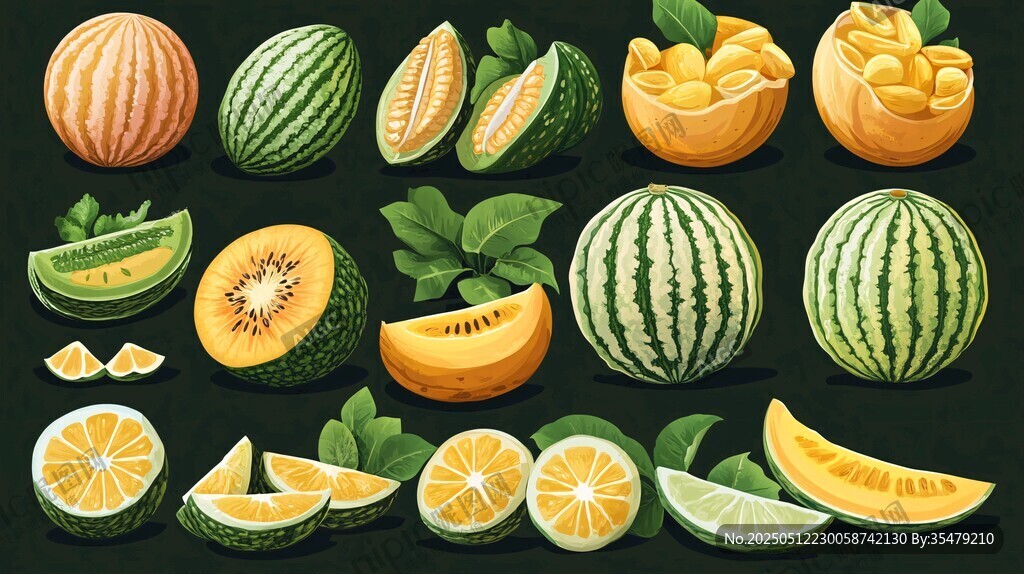 多彩瓜類與柑橘水果插畫