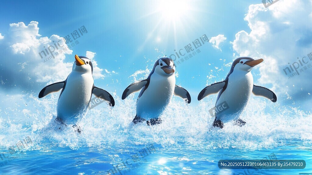 三只企鵝歡快踏浪前行