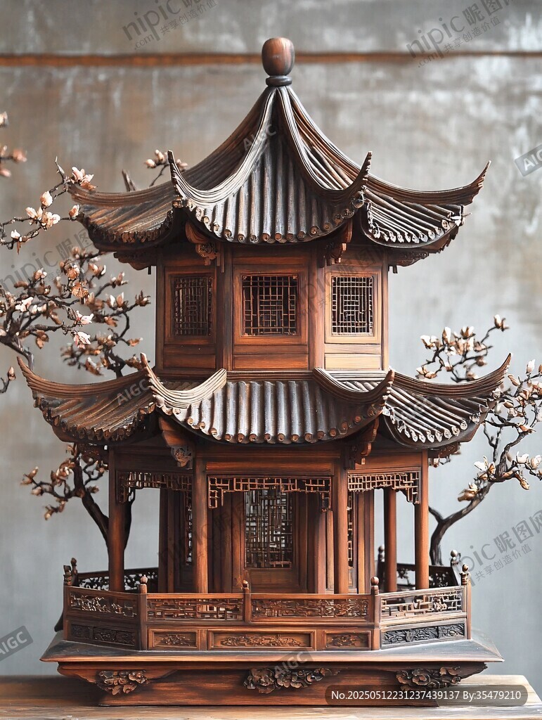 中式木雕古亭工藝品擺件