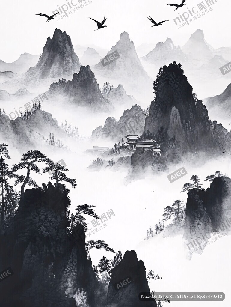 水墨山水間飛鳥繞奇峰