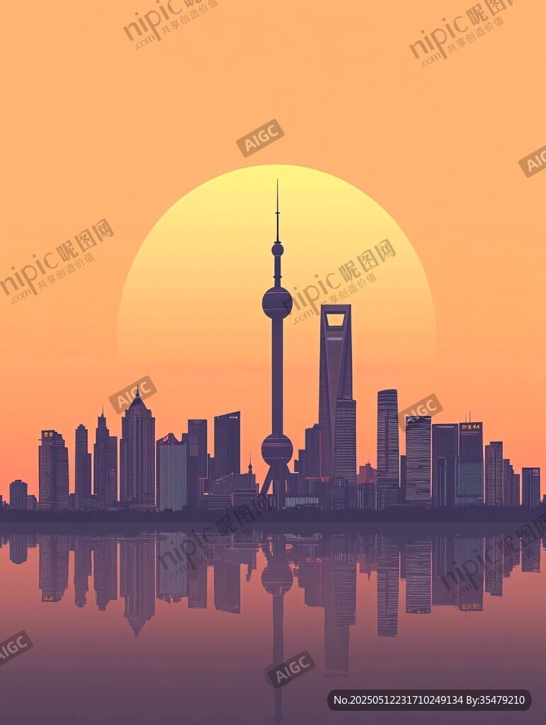 上海城市天際線夕陽美景