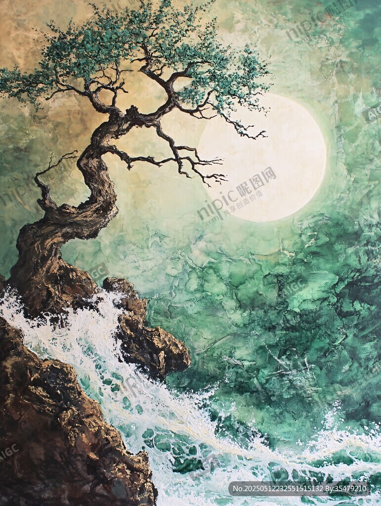 月夜孤松伴浪圖