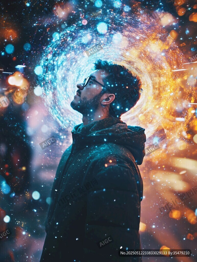 男子凝望奇幻星空背景