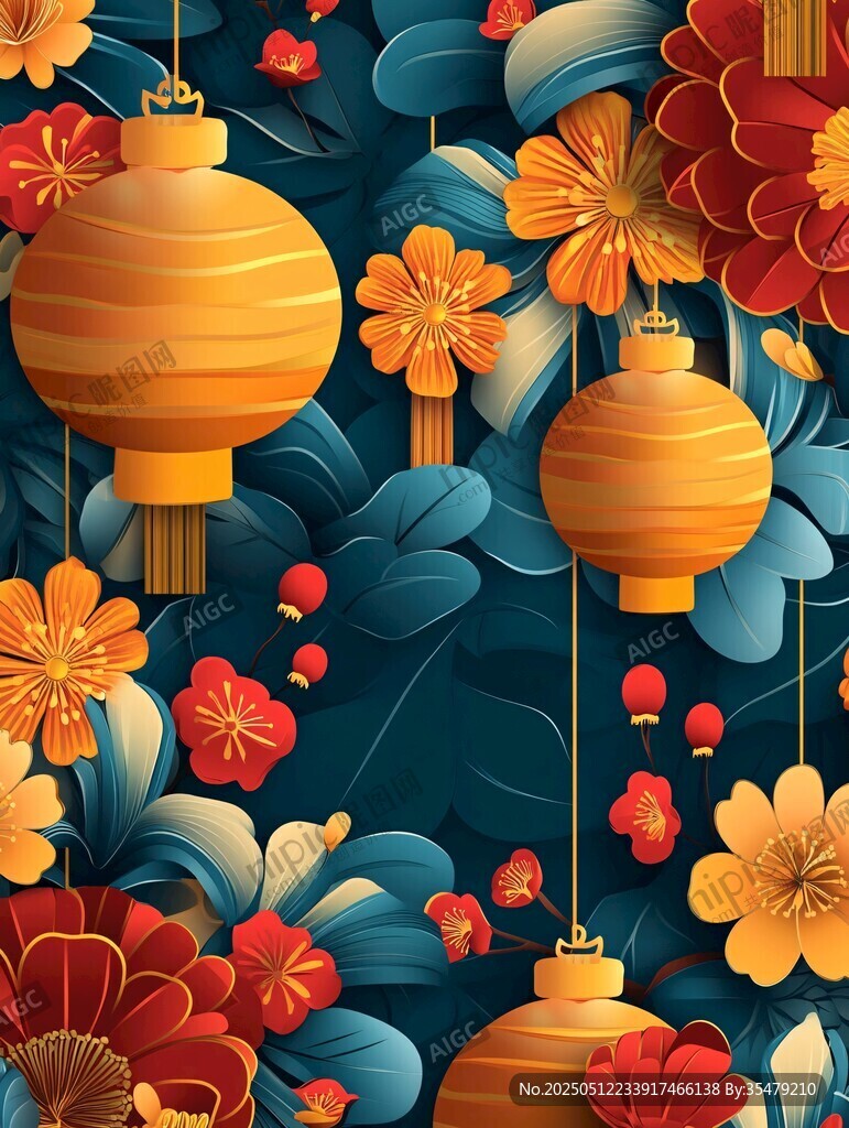 中式燈籠花卉喜慶背景圖