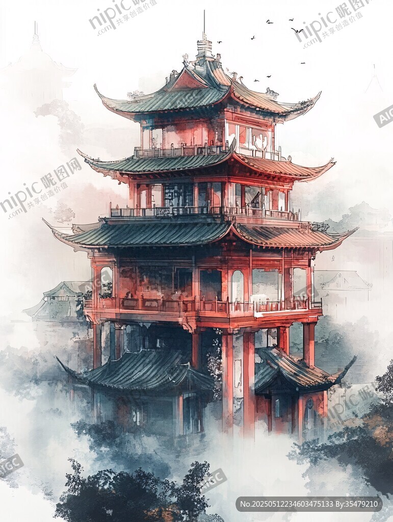 古風中式多層樓閣水墨畫