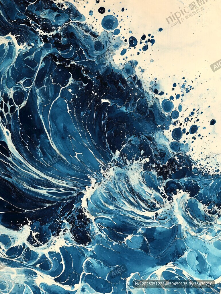 藍(lán)色水墨風(fēng)格洶涌海浪圖