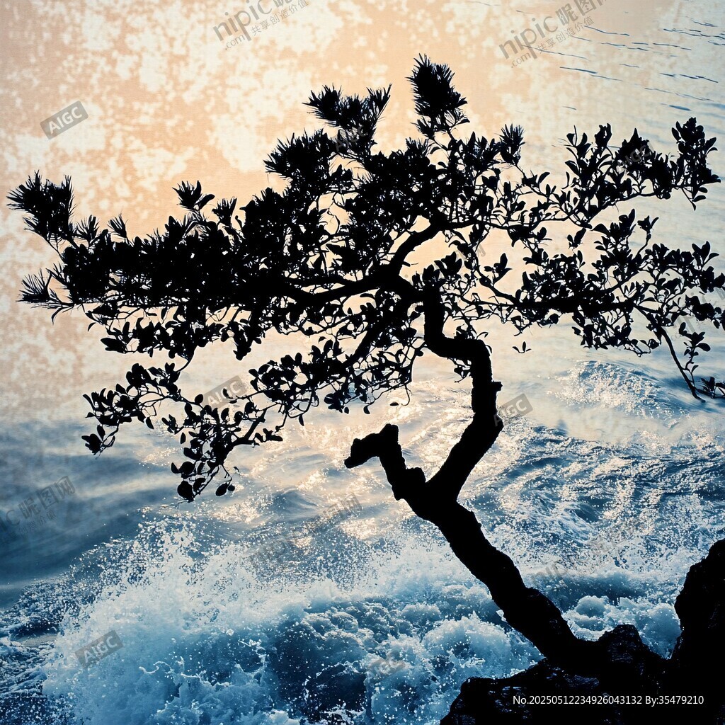 孤松傲立海浪間
