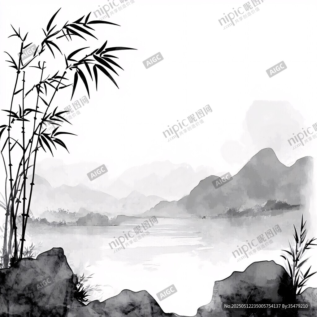 水墨竹林山水圖