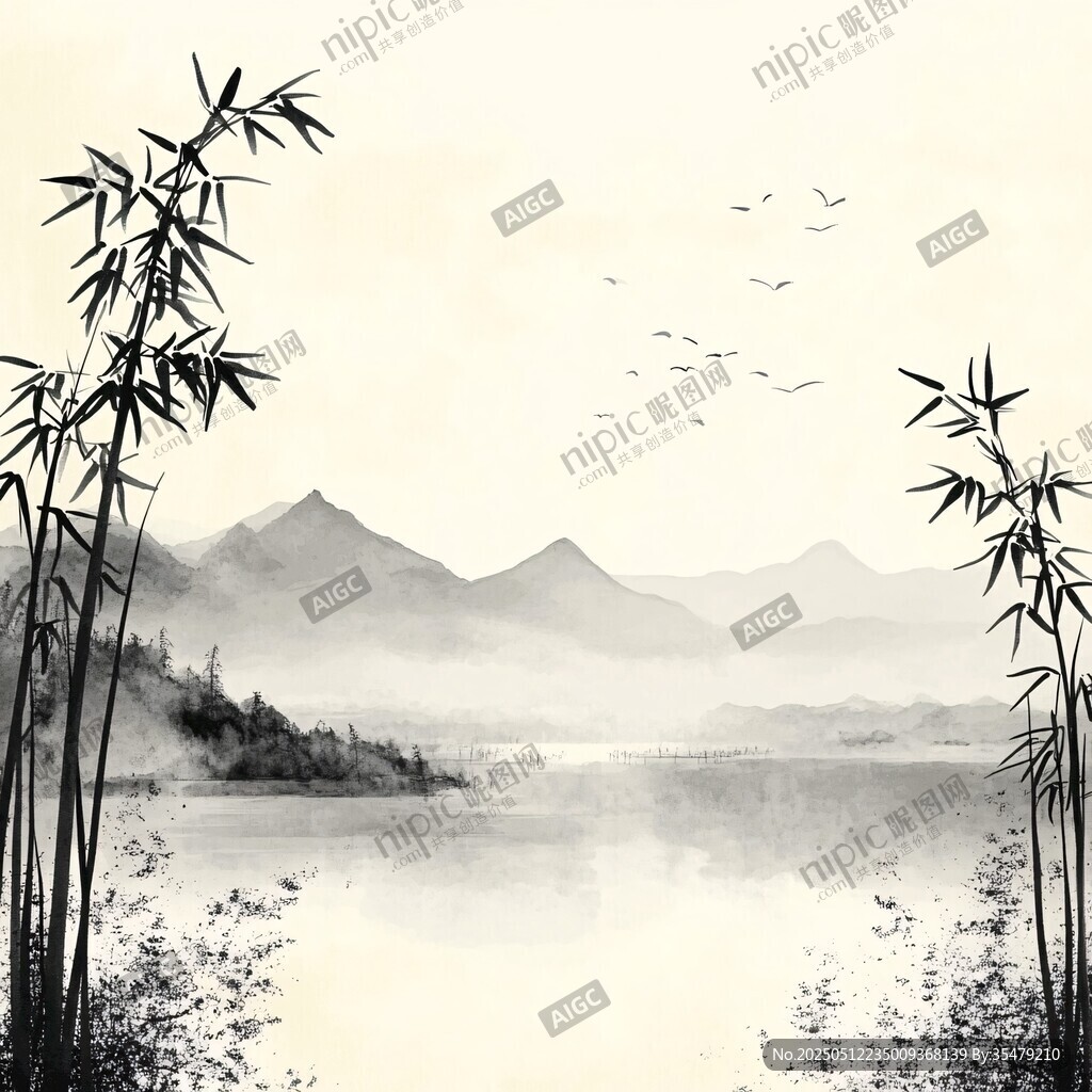 水墨山水間 竹影伴飛鳥