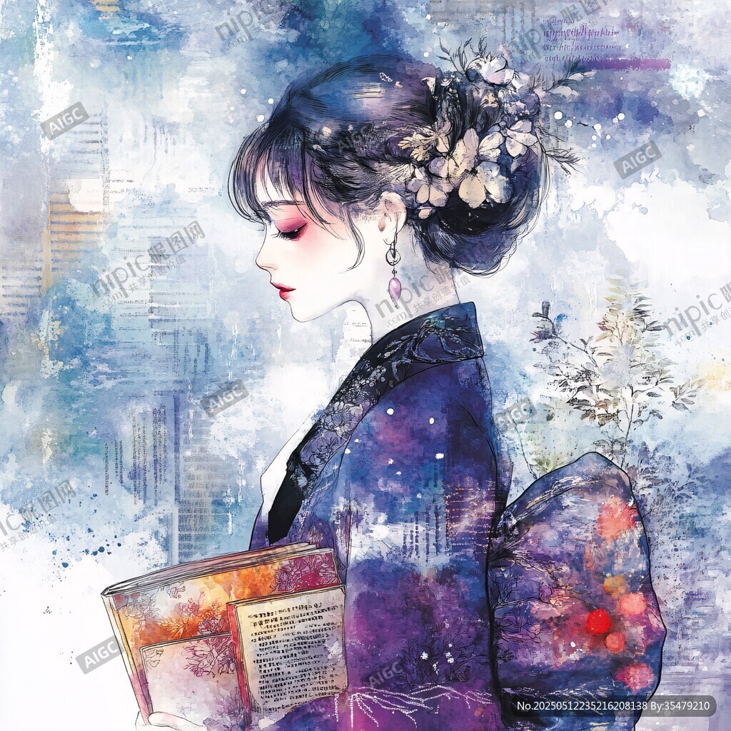 古風(fēng)女子持書側(cè)影繪卷