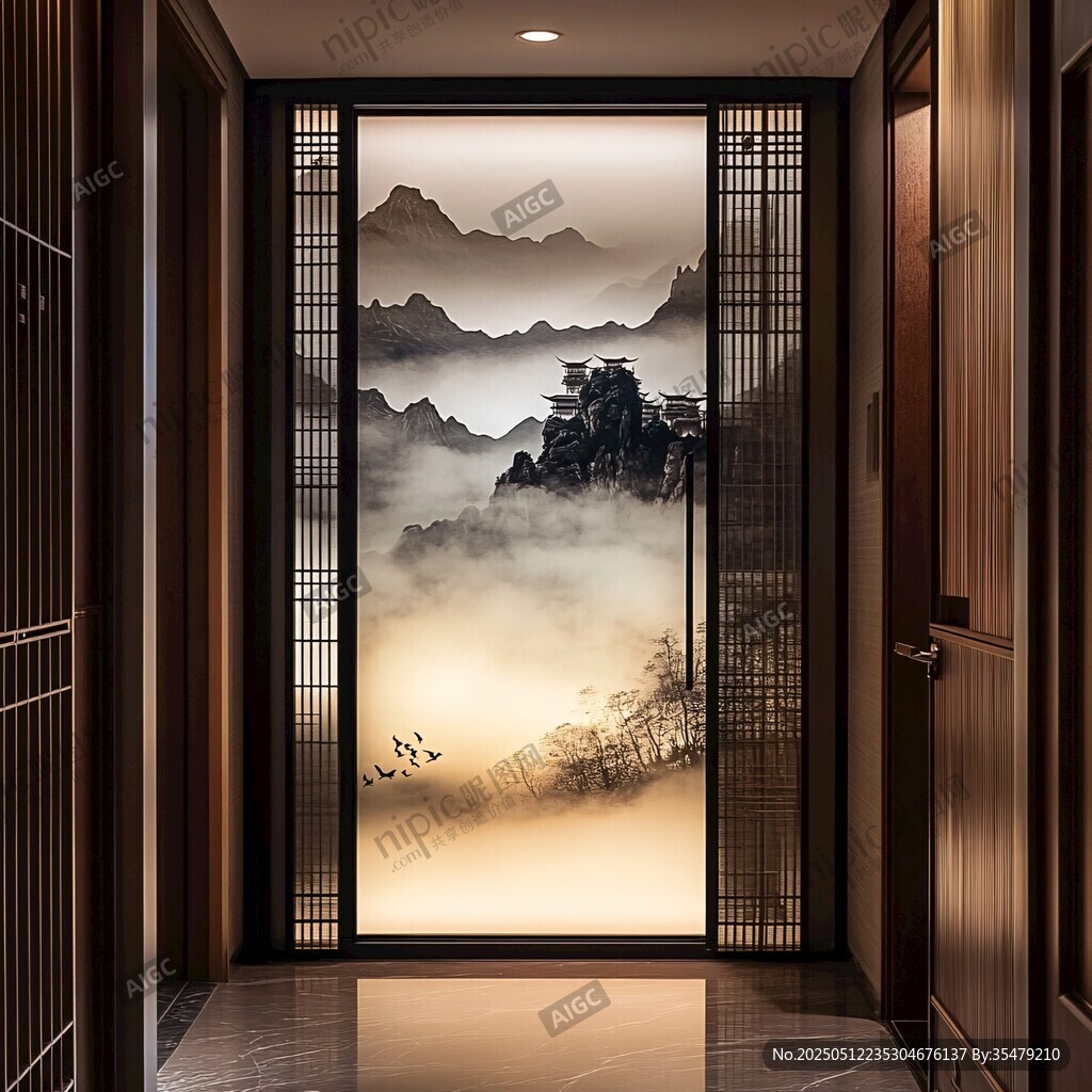 中式玄關(guān)處的山水意境畫