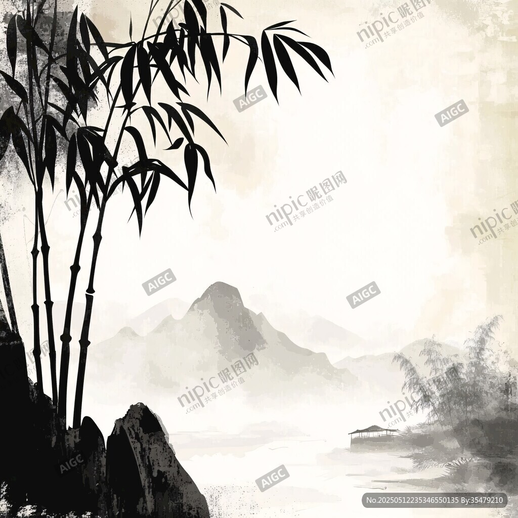 水墨竹影伴遠山意境圖