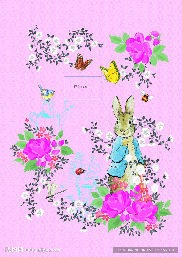 夢幻兔子花叢中的童話場景