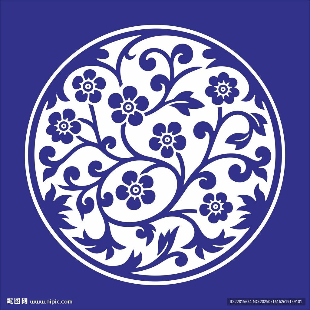 矢量纏中式藍白花卉圓形傳統圖案