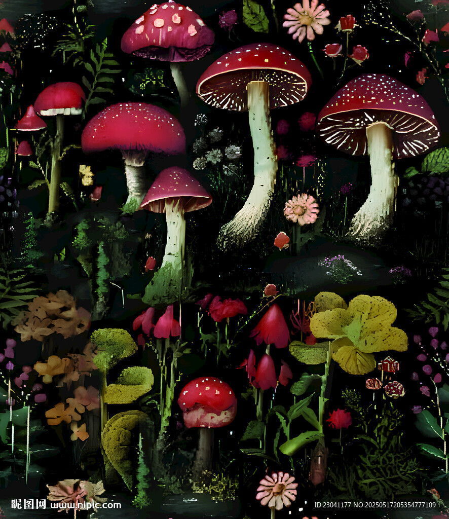 夢幻森林中的蘑菇花卉景觀