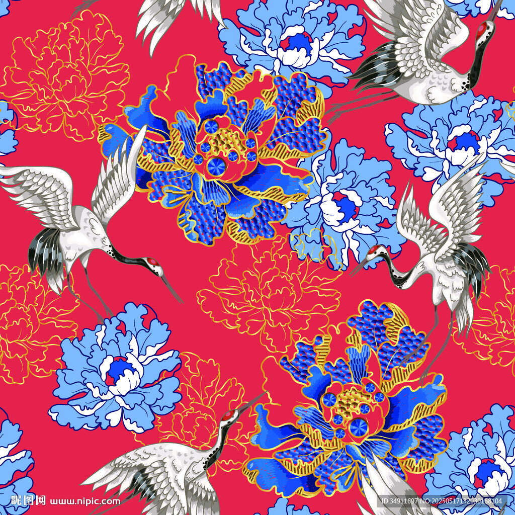中式紅底花鳥吉祥圖案