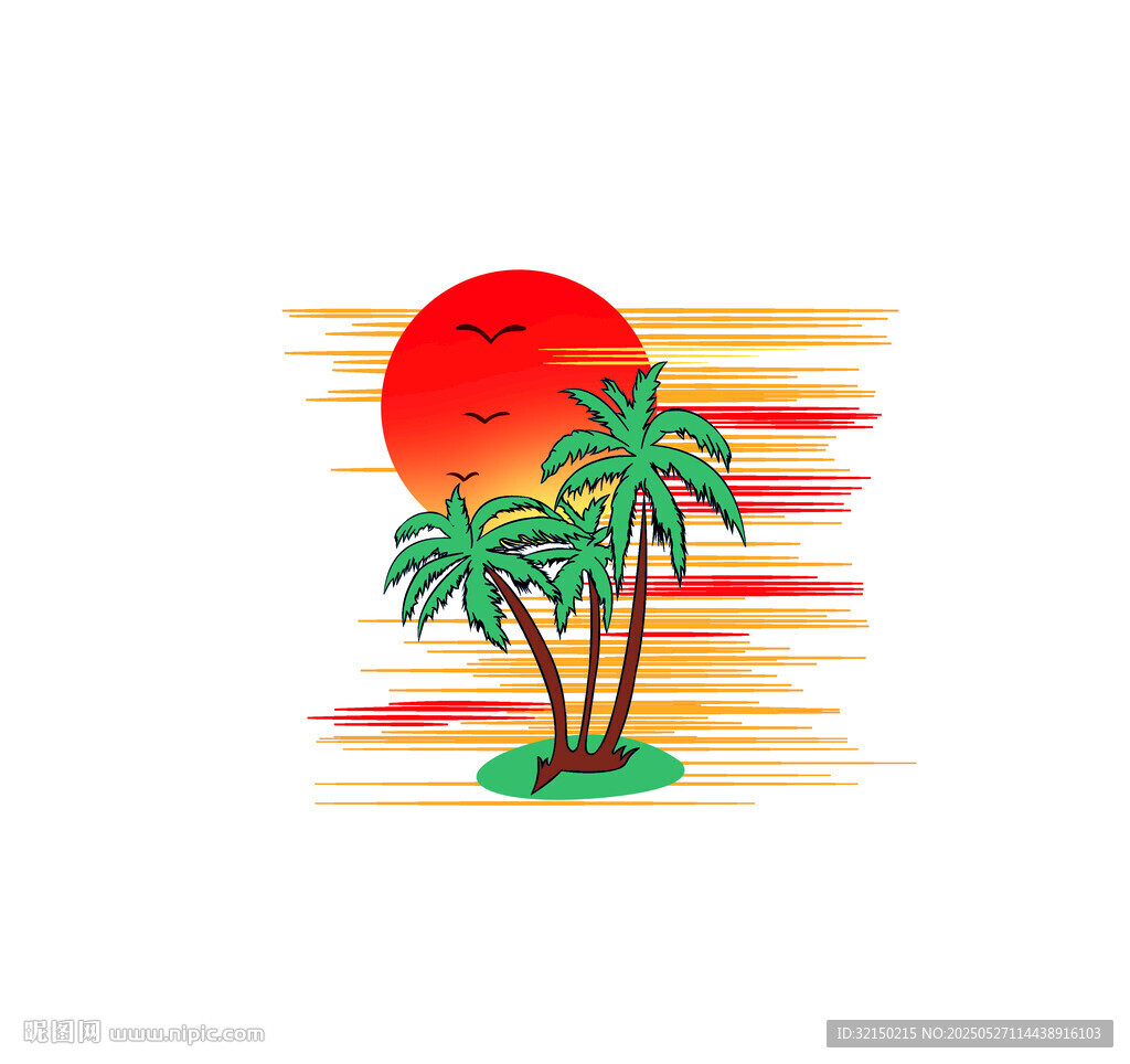 熱帶島嶼日落風景插畫