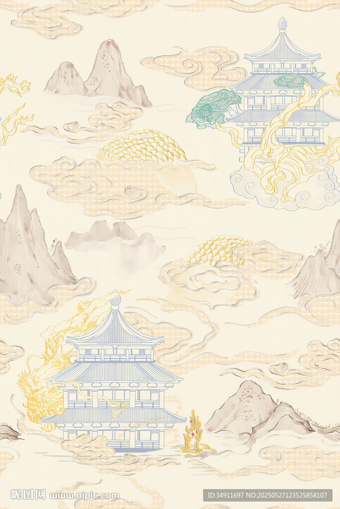 古風山水樓閣插畫意境美