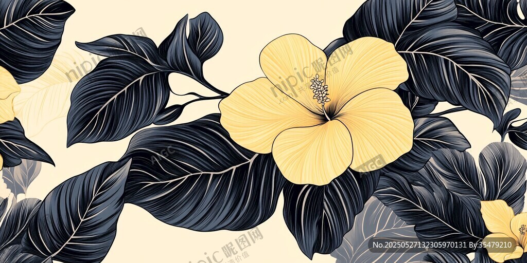 黃色扶桑花與深色葉片圖案