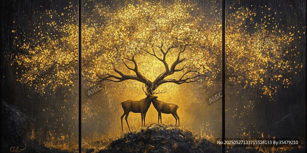金色神樹旁的雙鹿奇幻景象