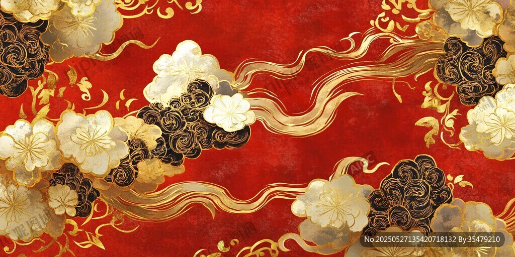 中式紅金祥云花卉紋飾