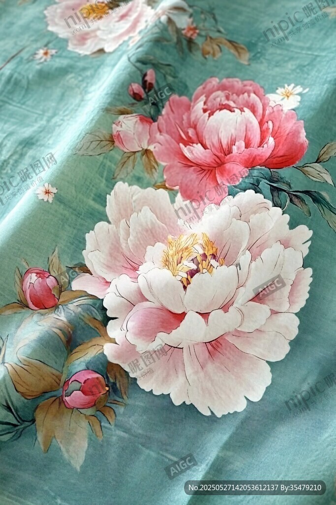 綠底牡丹花卉織物圖案